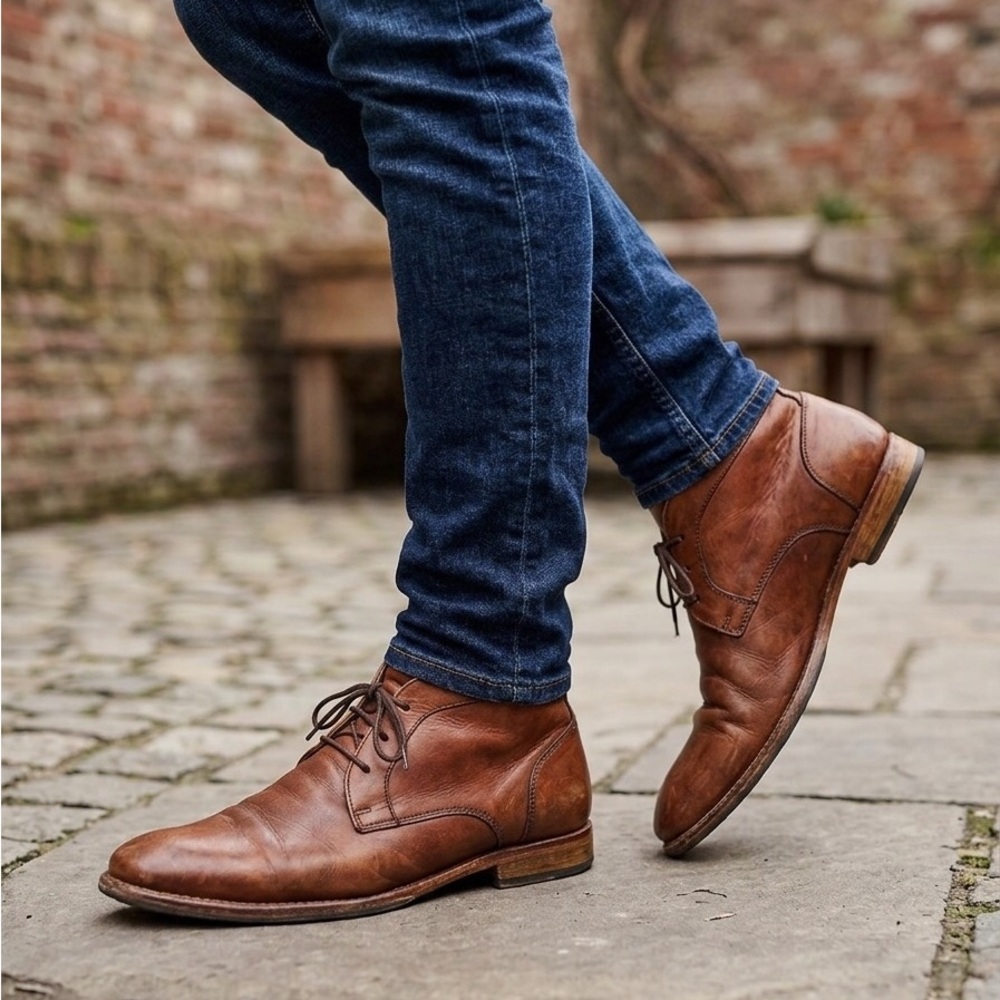 Distressed Men’s Leather Chukka Desert Ankle Boots Lace Up Cognac Brown